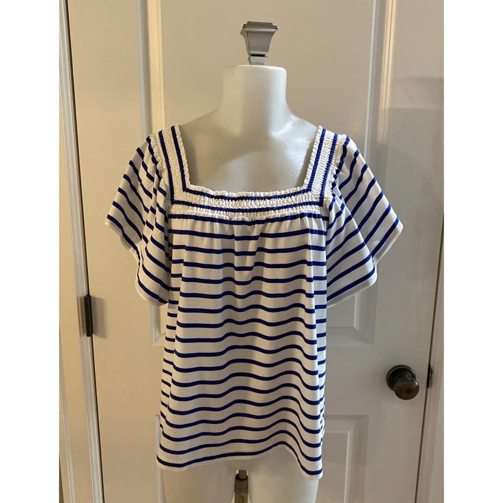 J. CREW Women's Nautical Blue & White Striped Flutter Sleeve Top Size Medium
